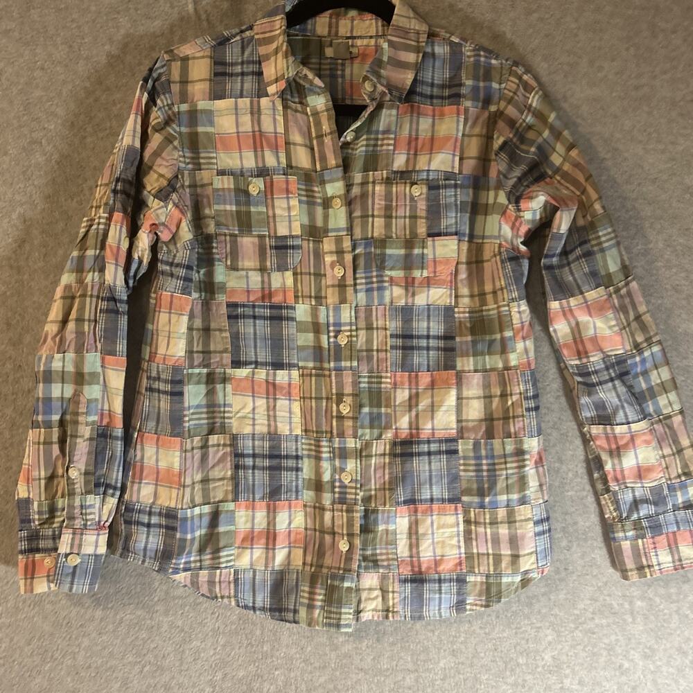 LL Bean Pastel Madras‎ Textured Patchwork Blouse Roll-Tab Sleeve XS 501579